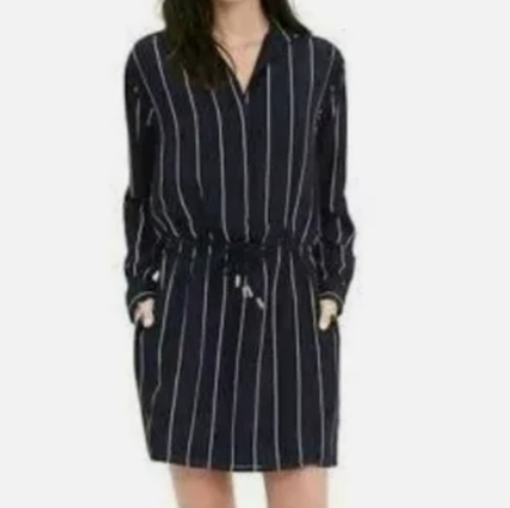 Banana Republic Pin Striped Tie Waist Navy Blue White Shirt Dress